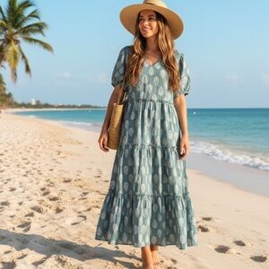 Lucky Brand Block Print Puff Sleeve Tiered Maxi Dress SZ Medium